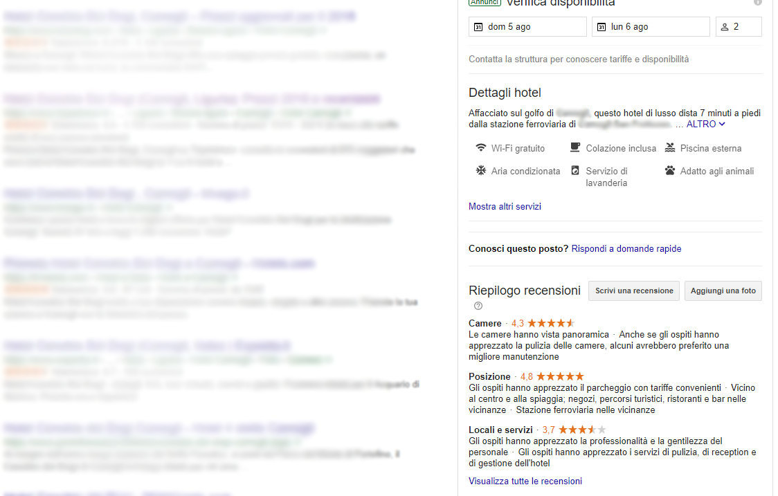 Pagina di ricerca Hotel su Google
