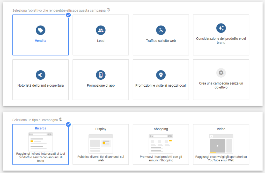 Obiettivi nuova campagna Google Ads