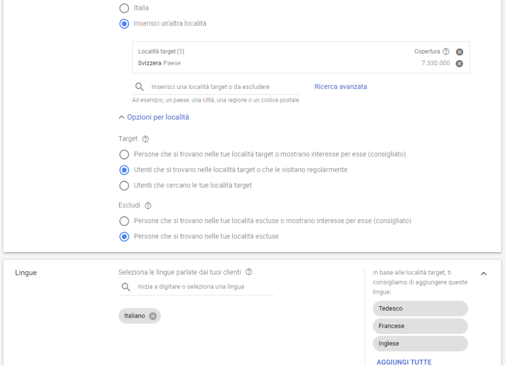 Impostazione località e lingua Campagna Google Ads