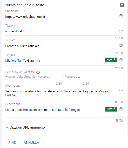 Creazione annuncio su Google Ads