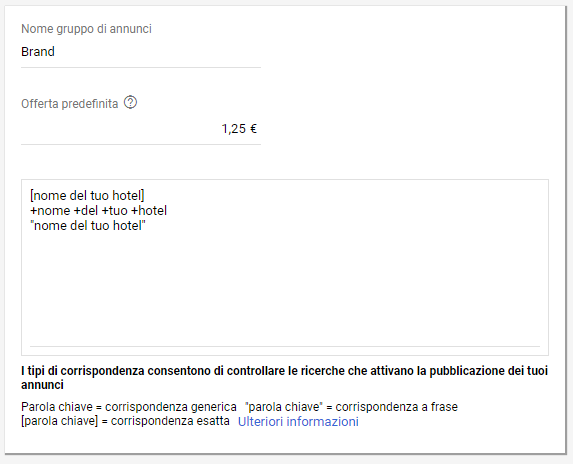 Parole chiave in un Gruppo di annunci Google Ads