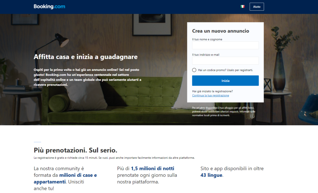 Booking.com landing page affitta casa